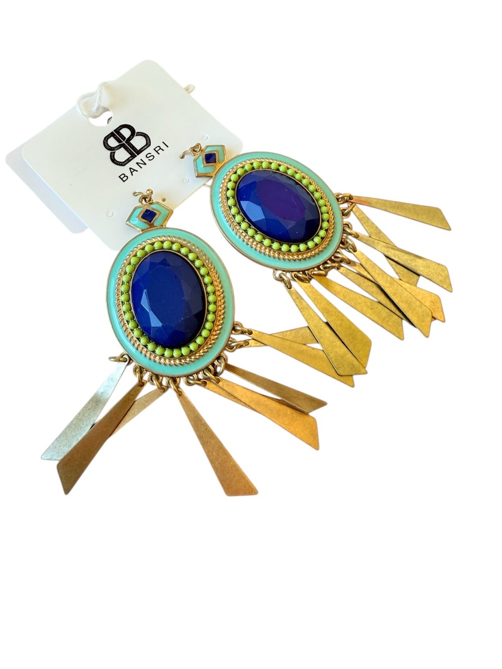 Bansri Blue & Green Stone  Enamel Dangle Pierced Statement Earrings New